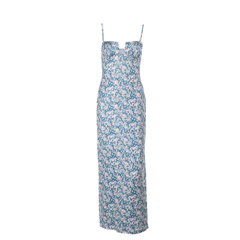 Robe longue sexy moulante imprimée à bretelles pour les vacances