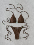 Bikini einfarbig, perlenbesetzt, zum Schnüren, sexy, geteilt, Bikini-Badeanzug Damen