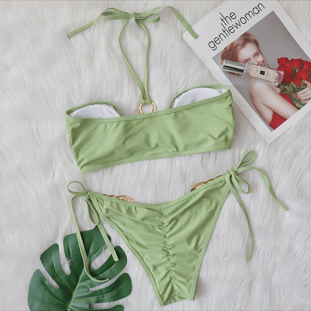 Neuer sexy Badeanzug Metall-Accessoires Hohler Cutout Bikini Einfarbiger Tube-Top Träger Frauen Badeanzug