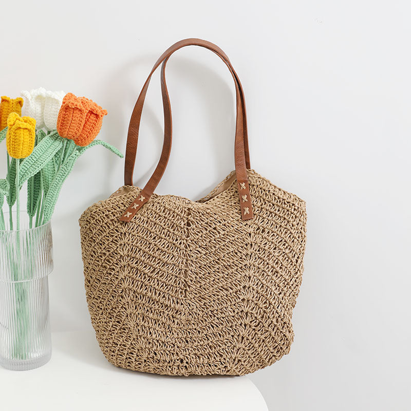 Sac de paille rétro portable grande capacité sac à bandoulière tissé sac de plage de vacances sac pour femmes