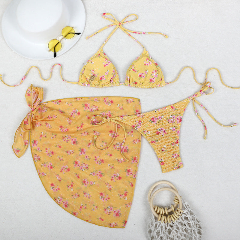 Bedruckter Bikini Dreiteiliger Gazerock Geteilter Sexy Urlaub Bikini Badeanzug