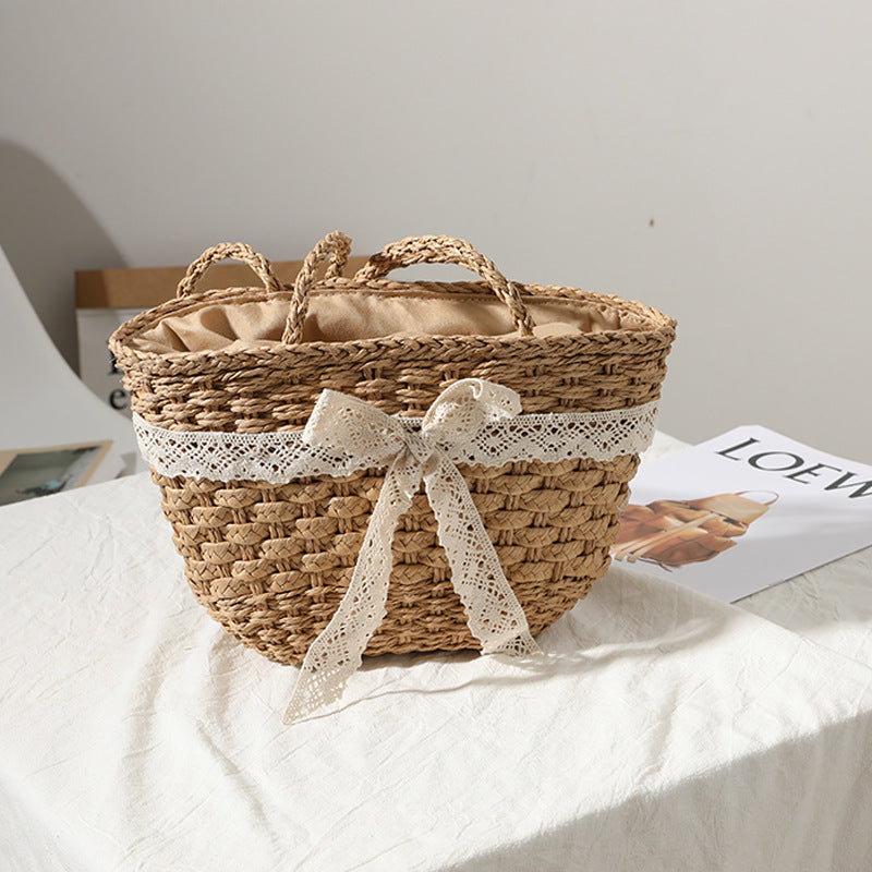 Sac en paille, nœud en dentelle, sac tissé, sac féerique pour vacances à la mer, sac de plage, sac pour femme