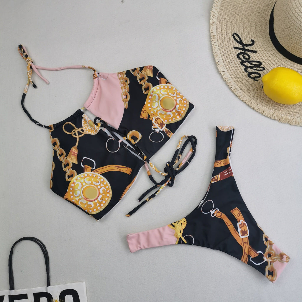 Neuer Bikini dreiteilig Damen Sexy High Waist Bedruckter Badeanzug Rock Barock