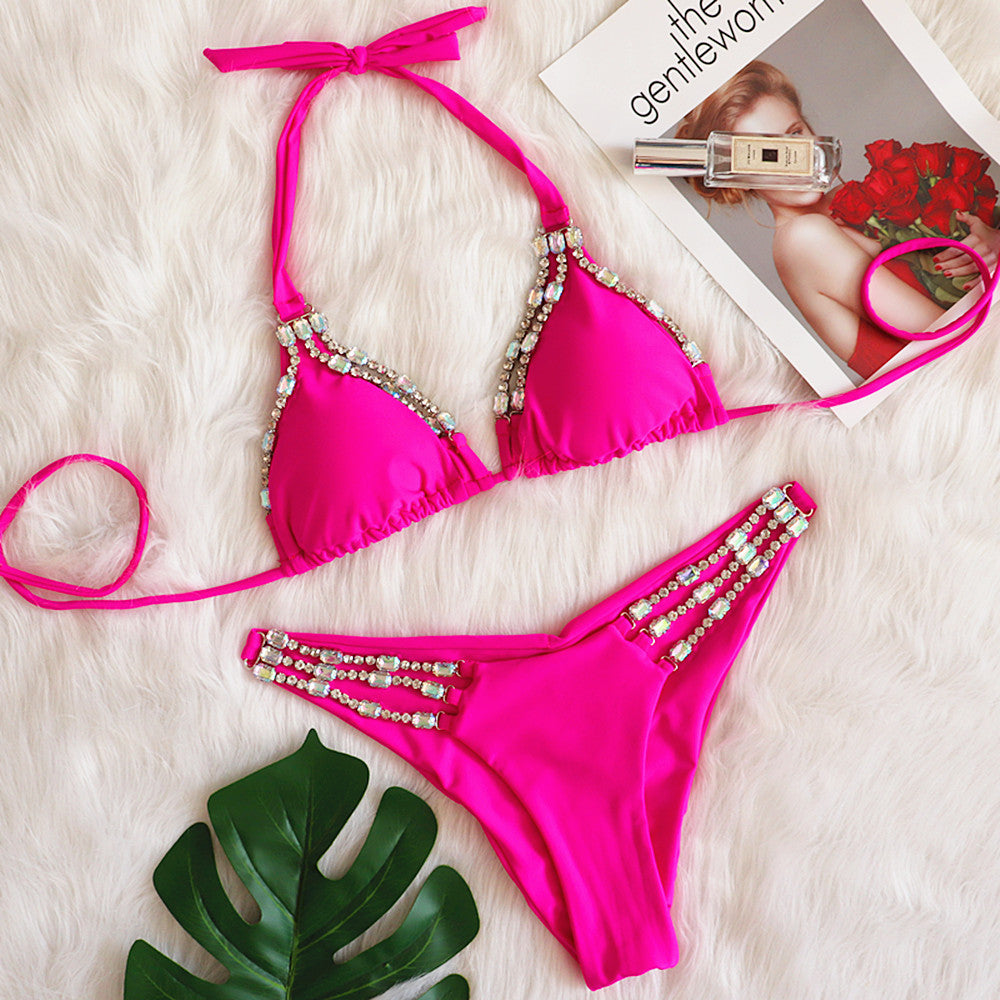 Maillot de bain deux pièces pour femme avec strass et accessoires métalliques sexy, bikini uni avec bandage, idéal pour les vacances