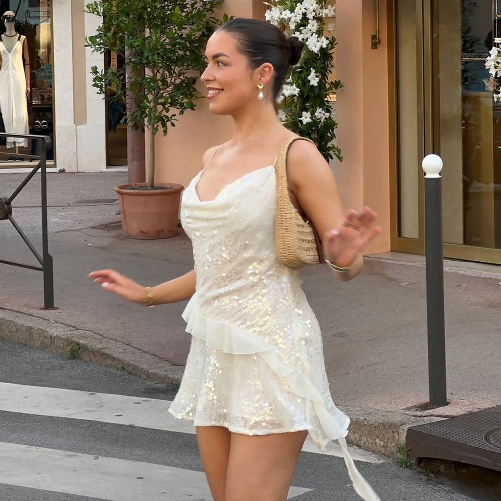 Elegantes Party Sexy Besonderes Pailletten-Swing-Kleid mit unregelmäßigem asymmetrischem Saum und Faltenrock, kurz, für Damen