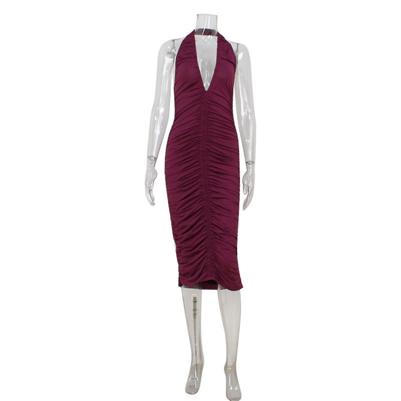 Robe femme sexy violette col en V licou ajustée amincissante avec volants aux hanches