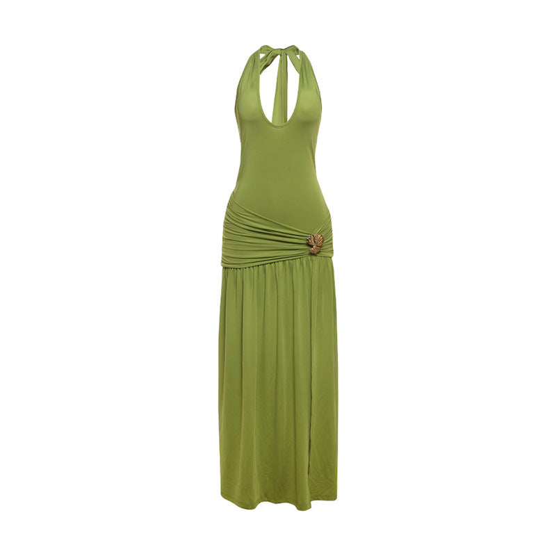 Robe d'été sexy pour femme, dos nu, coupe ajustée, avec plis et fente