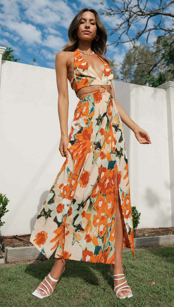 Exklusives ärmelloses Maxikleid für Damen mit V-Ausschnitt, Neckholder, rückenfrei und hohem Schlitz am Saum