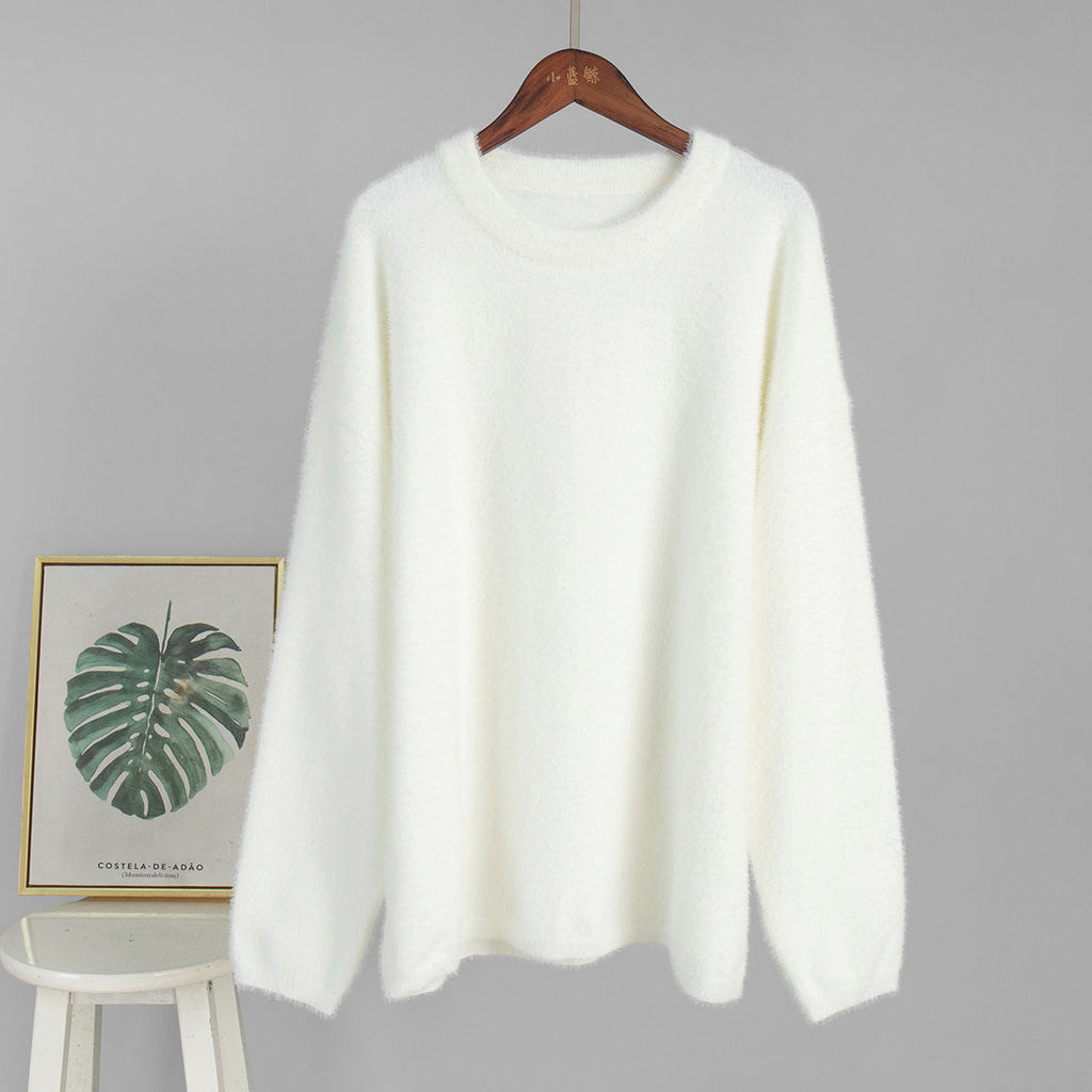 Pull Col Rond Pull Automne Hiver Simple Couleur Unie Pull Décontracté Ample