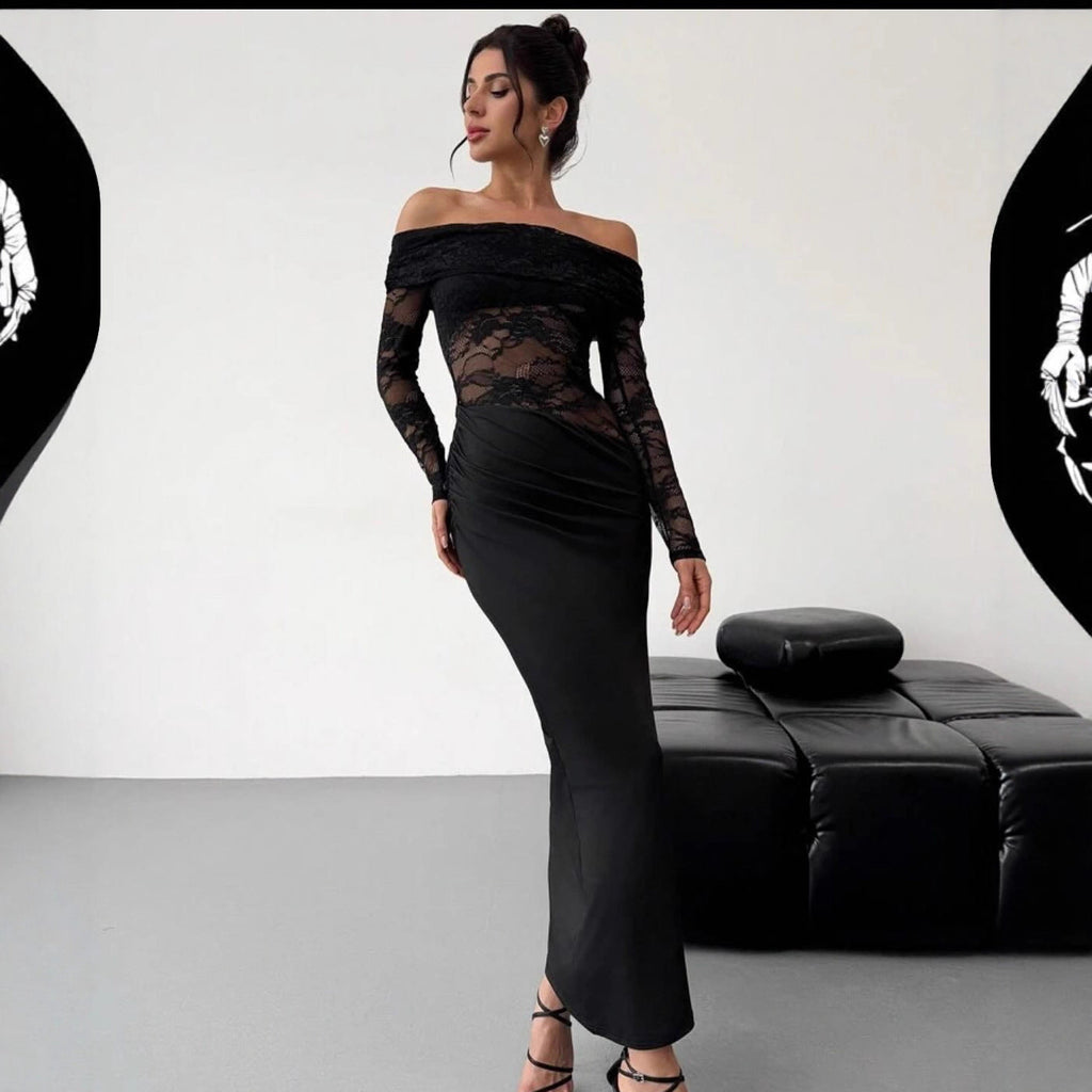 Robe longue maxi découpée à épaules dénudées en dentelle pour femme, coupe moulante sexy à manches longues, vêtement d'été de haute qualité