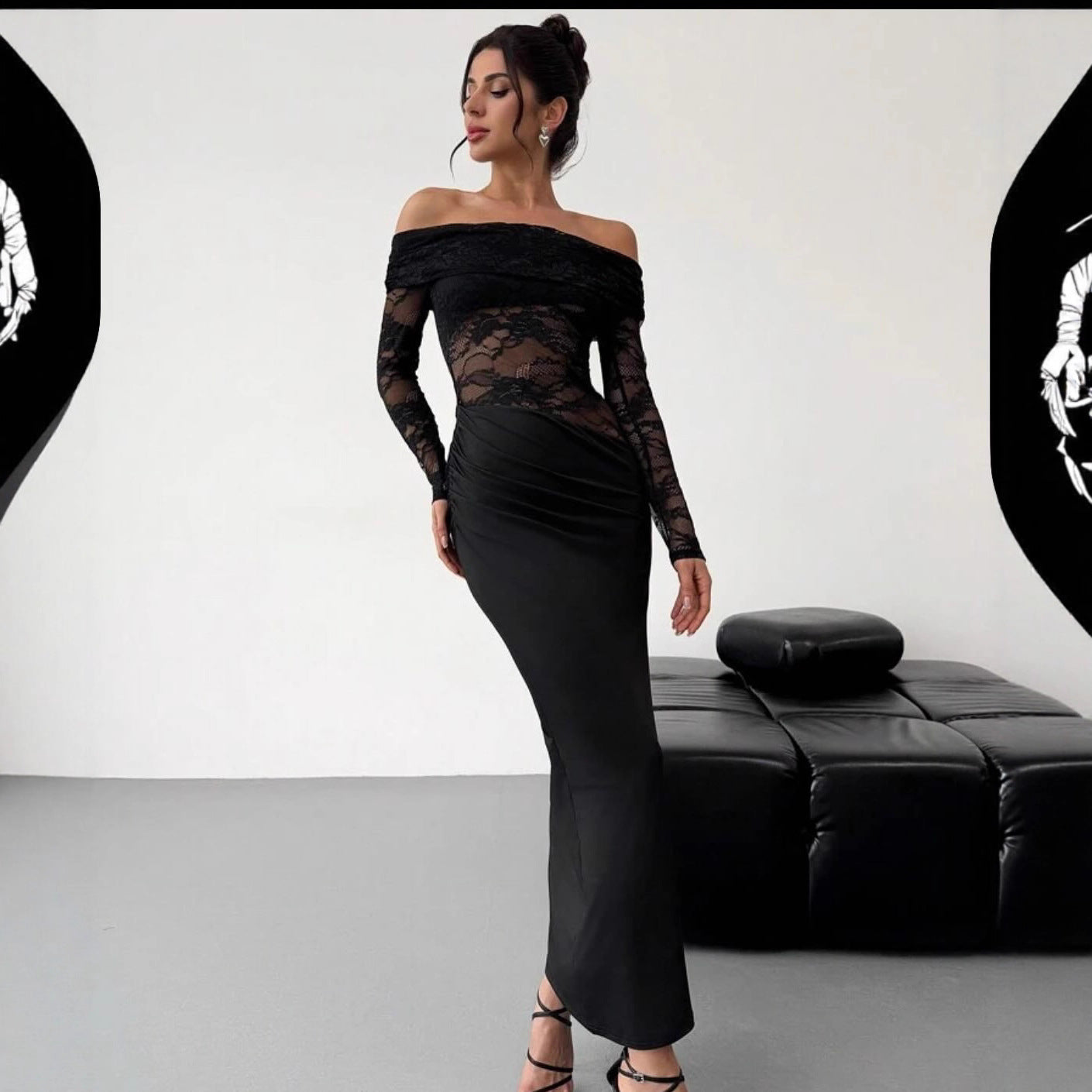 Robe longue maxi découpée à épaules dénudées en dentelle pour femme, coupe moulante sexy à manches longues, vêtement d'été de haute qualité