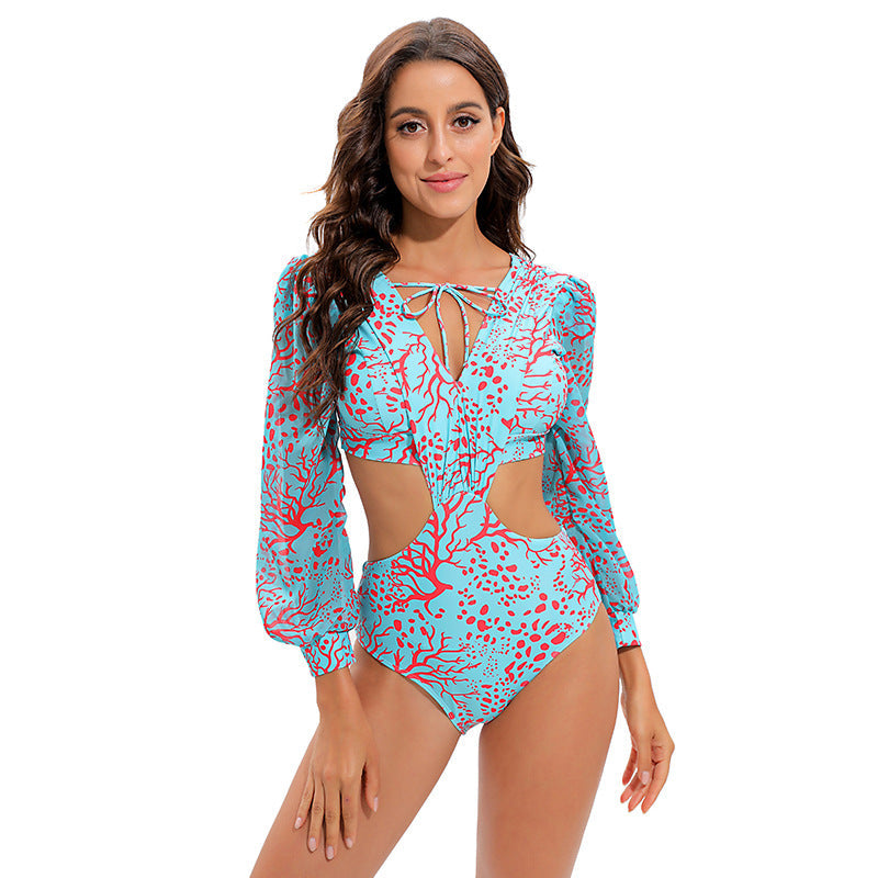 Maillot de bain une pièce à manches longues et dos nu, taille haute, décolleté en V noué pour femme