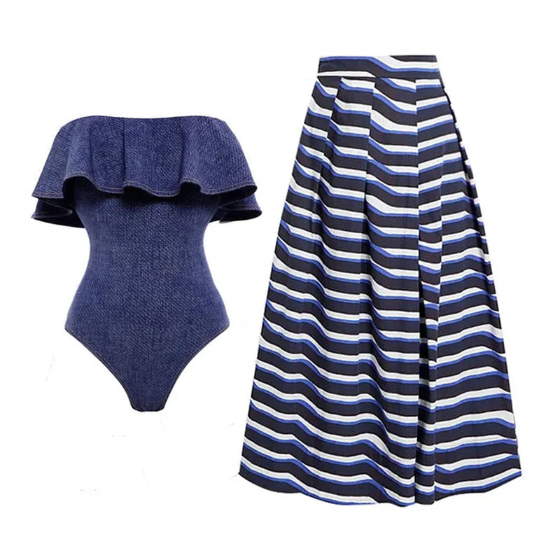 One Piece Swimsuit Women Beach Vacation Skirt Swimsuit