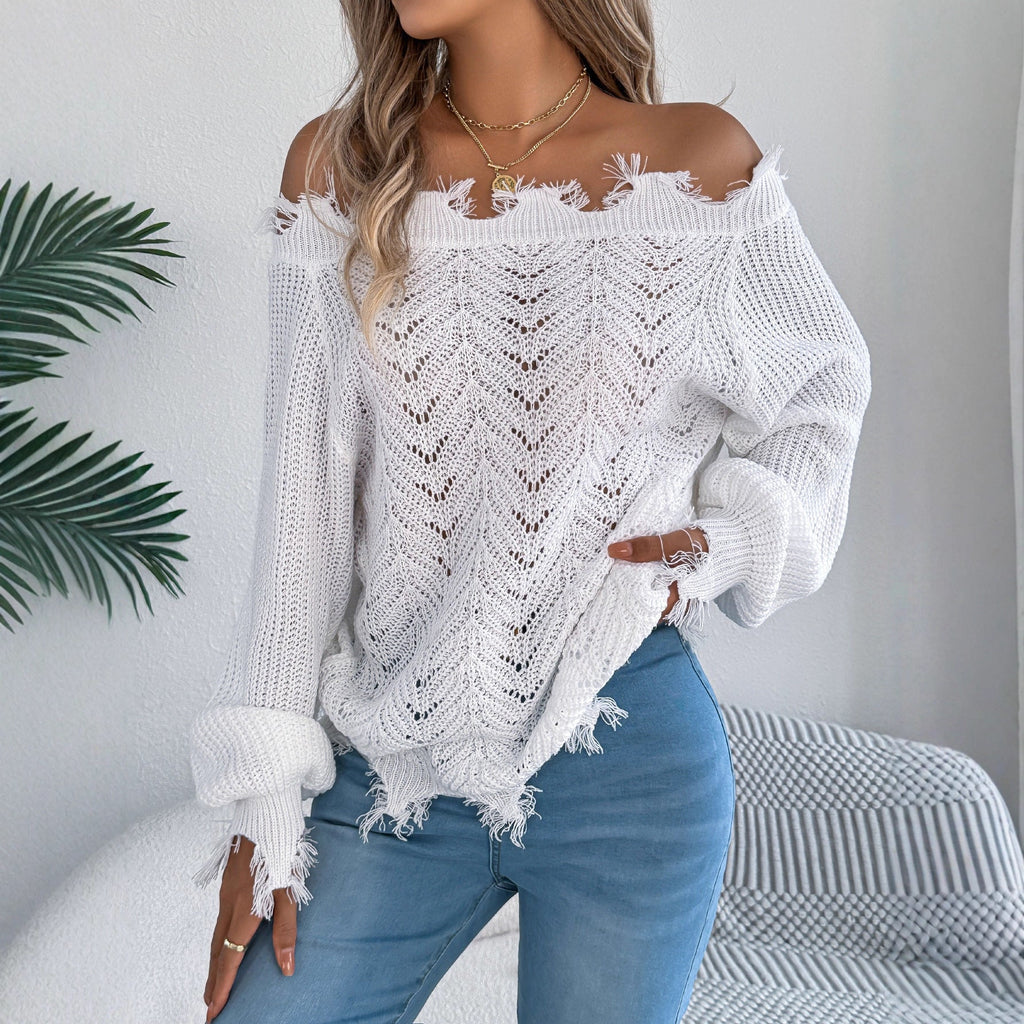 Pull-over Femme Col Rond Manches Longues Épaules Dénudées Coupe Évidée Couleur Unie Automne Hiver