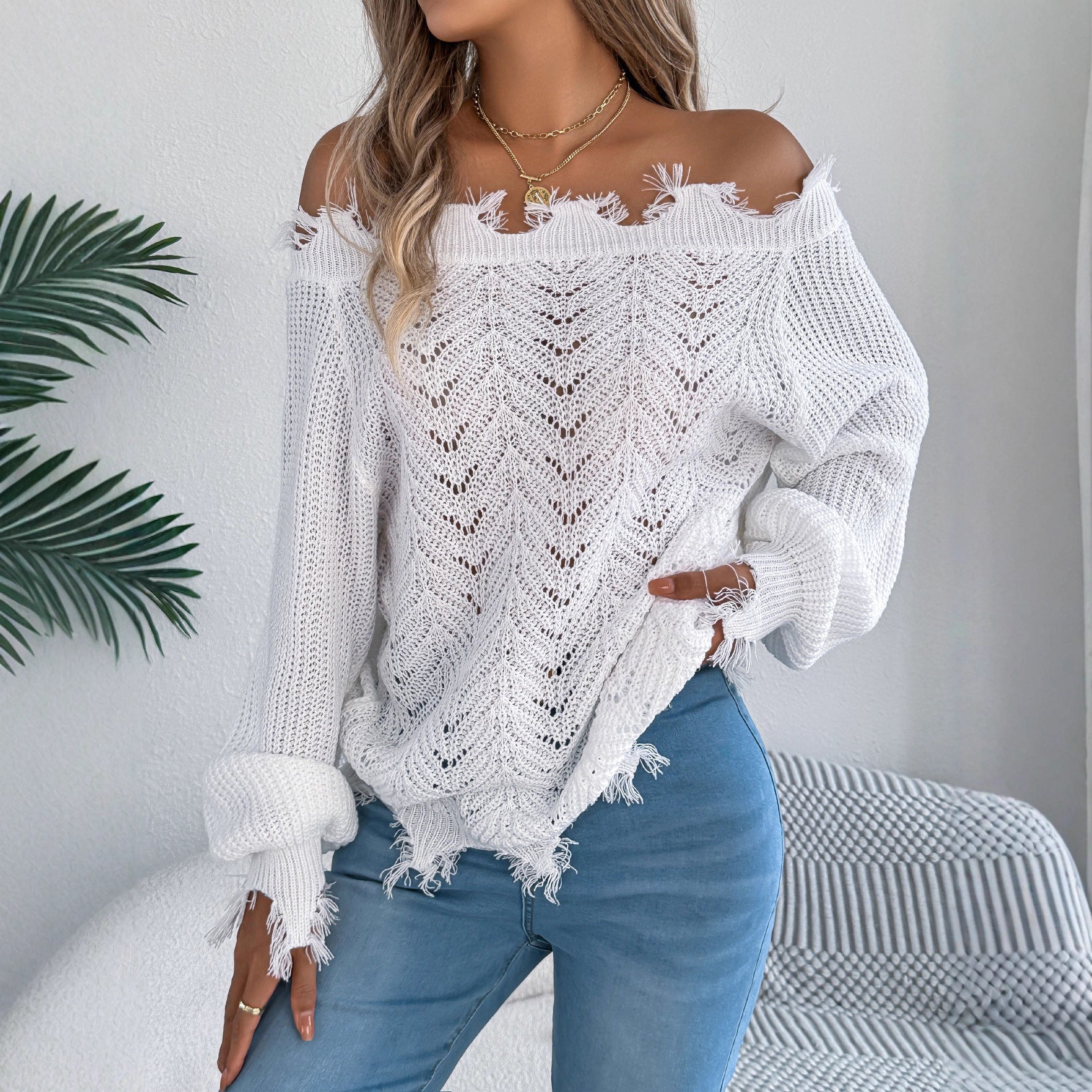 Pull-over Femme Col Rond Manches Longues Épaules Dénudées Coupe Évidée Couleur Unie Automne Hiver