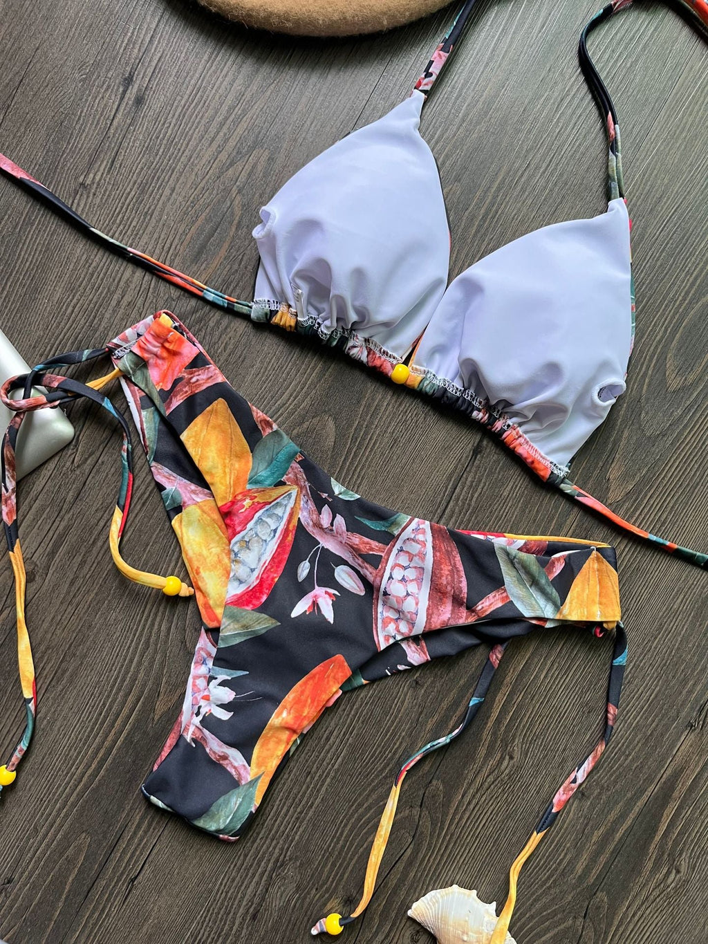 Bikini Digital bedruckt Sexy zum Schnüren Neckholder Triangel-Split-Badeanzug Damen