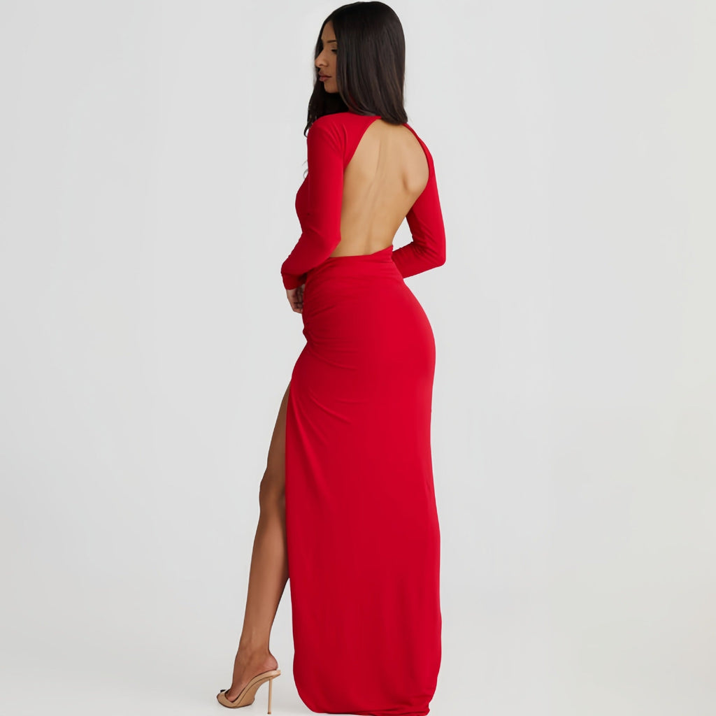 Combinaison Femme Automne Col Haut Dos Nu Manches Longues Robe Longue Sexy Fendue