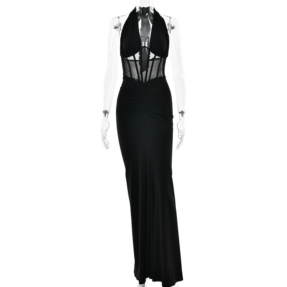 Elegantes Damen-Maxikleid zum Schnüren, sexy rückenfreies plissiertes Etuikleid