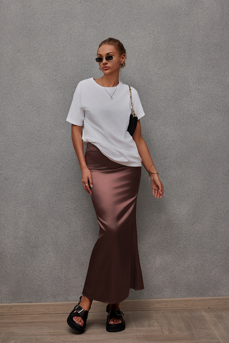 Frühling Sommer Kunstseide Rock Satin Rock Damen Casual Satin Hüftrock