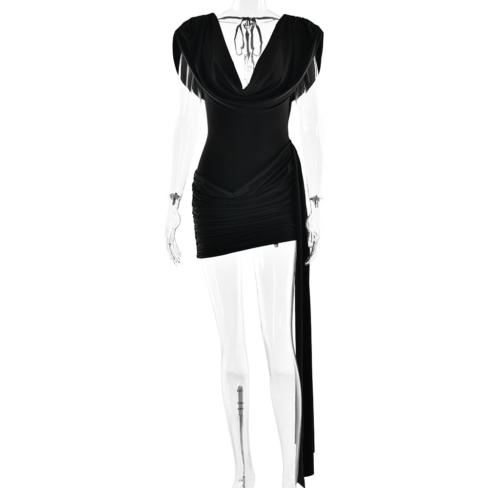 Damenbekleidung Sommer Sexy Schwingender Kragen Rückenfrei Ärmellos Band Hüfttaschen-Kleid