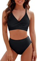 Maillot de bain bikini sexy taille haute à lacets et couleur contrastante