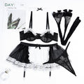 Schwarz-weiß Spitze Kontrastfarbe Mehrschichtige Spitze Sexy Uniform Dienstmädchen Netzstrümpfe 5-teiliges Set