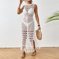 Robe longue de plage florale ajourée à lacets avec pompons et ceinture pour femme