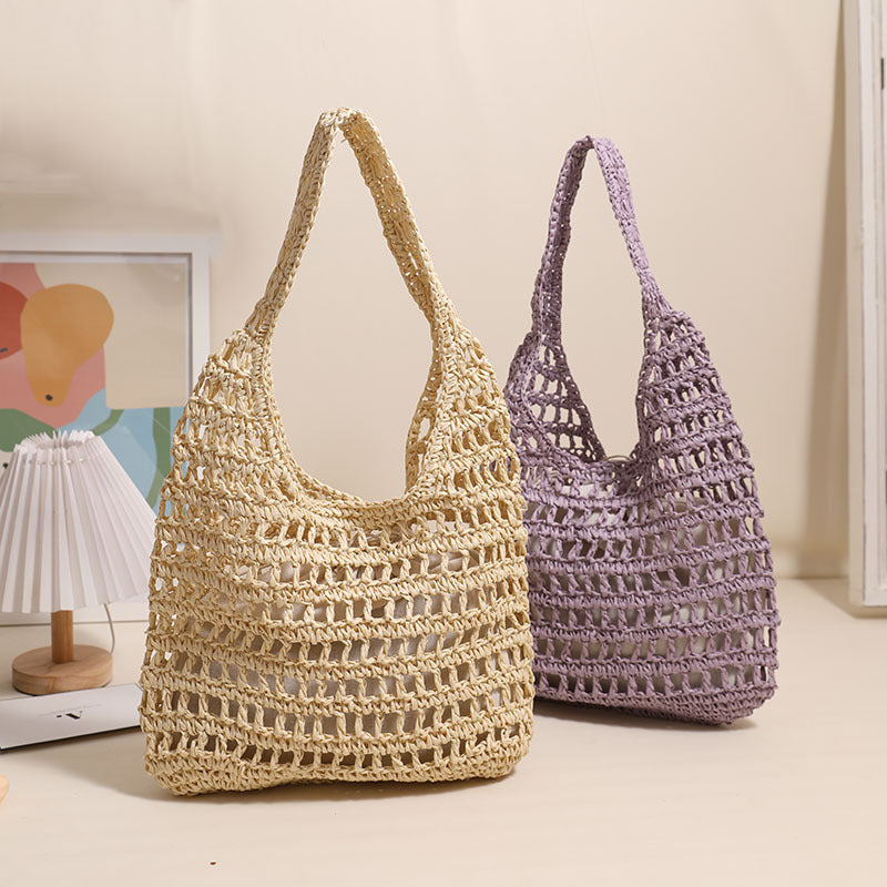 Grand sac à bandoulière en paille grande capacité pour femme, sac fourre-tout ajouré, sac en paille portable, sac tissé pour vacances à la mer et plage
