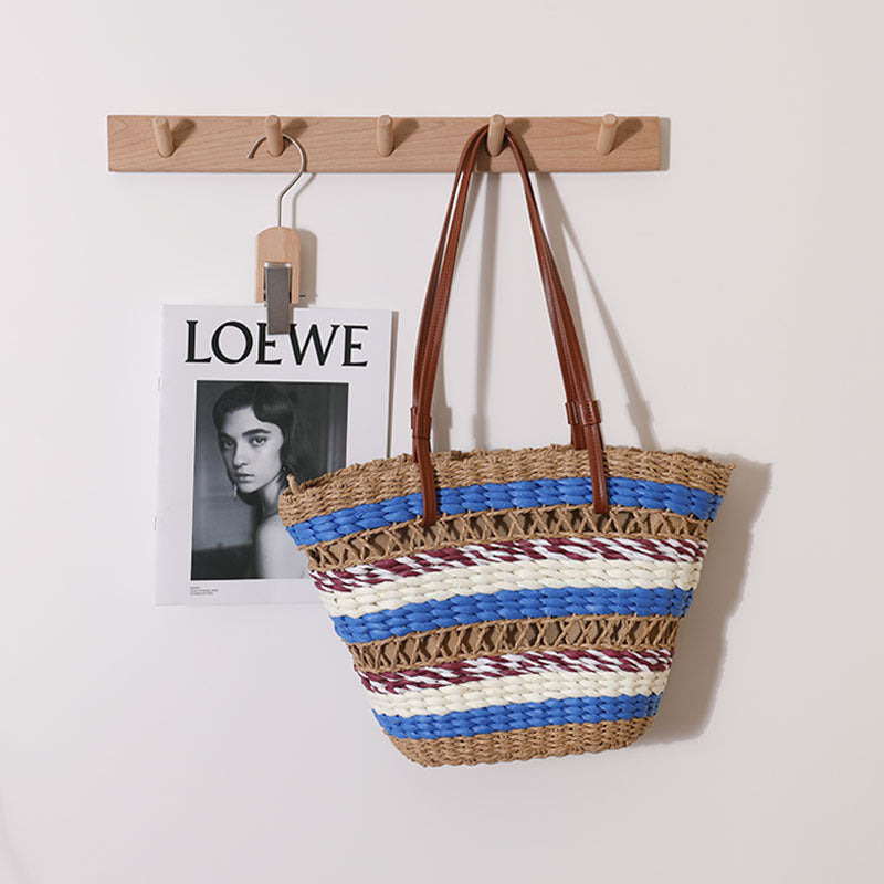 Sac en paille évidé, sac en paille rayé vintage, sac tissé portable, sac de plage pour vacances en bord de mer, sac à bandoulière