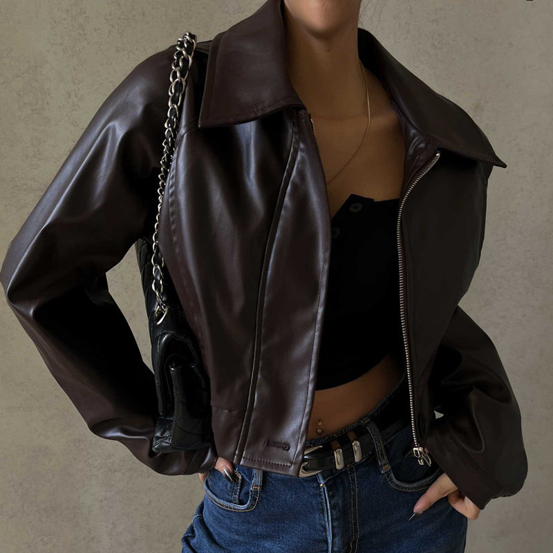 Damenkleidung Herbst Retro Kragen Reißverschluss Kunstleder Freizeitjacke Mantel