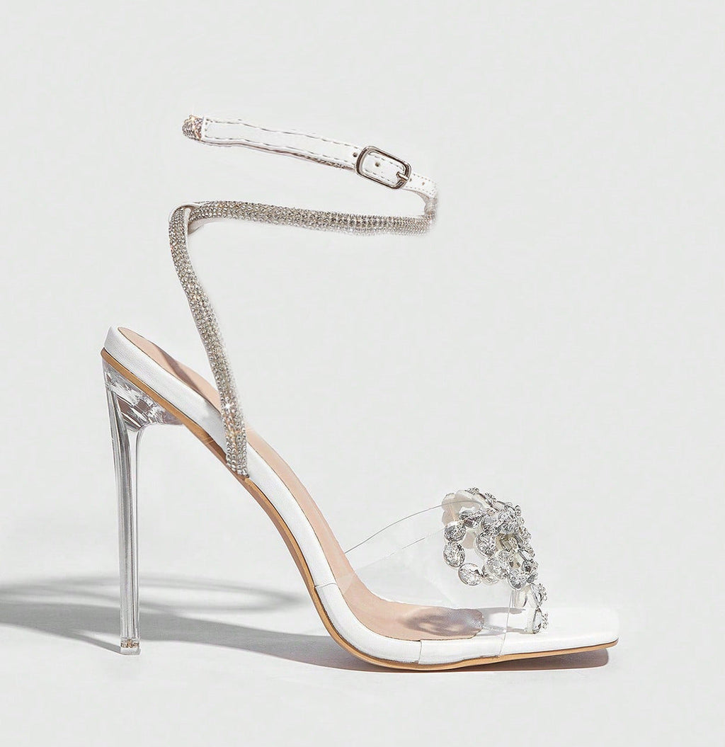 Sandales à talons hauts pour femmes, talons aiguilles 11cm, nœud en strass, bout carré, talon transparent en strass pour femmes