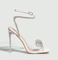 Sandales à talons hauts pour femmes, talons aiguilles 11cm, nœud en strass, bout carré, talon transparent en strass pour femmes