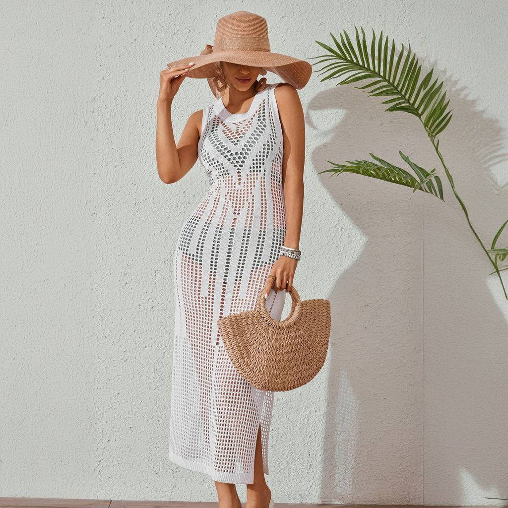Robe de Plage Femme Couleur Unie Sexy Tricoté Bikini Maillot de Bain Blouse Vêtement de Protection Solaire