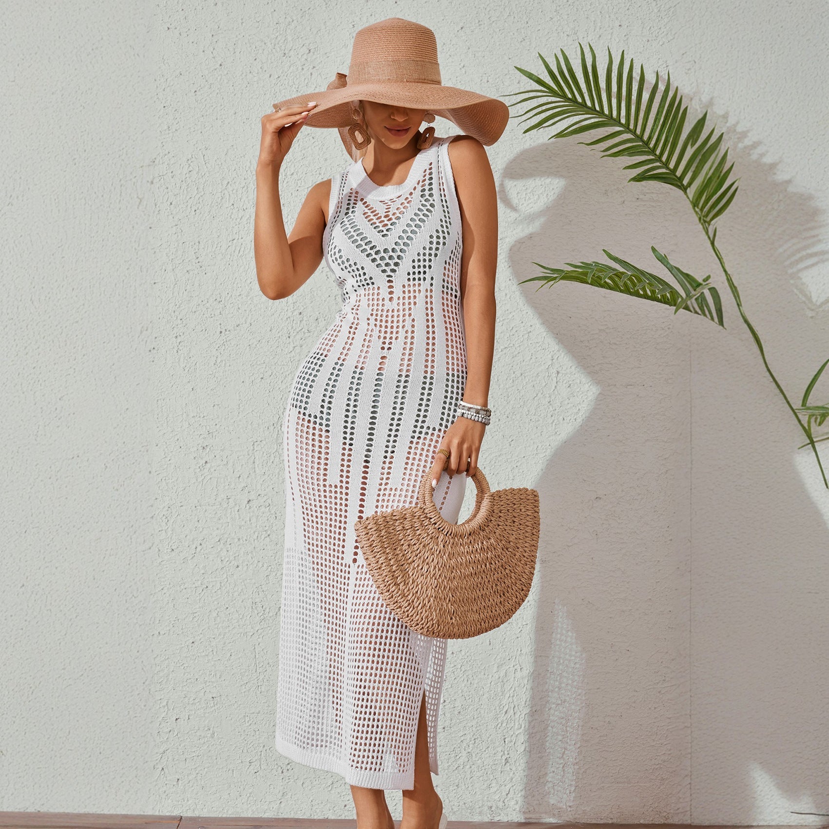 Robe de Plage Femme Couleur Unie Sexy Tricoté Bikini Maillot de Bain Blouse Vêtement de Protection Solaire