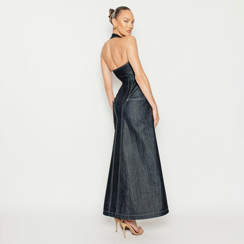 Robe fourreau d'été en jean, élégante, de couleur unie, sans manches, dos nu, coupe ajustée, à col halter