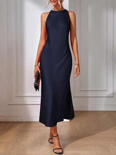 Satin-Kleid Damenbekleidung Frühling Sommer Ärmelloses geteiltes Satin-Imitat Seidenmaxikleid