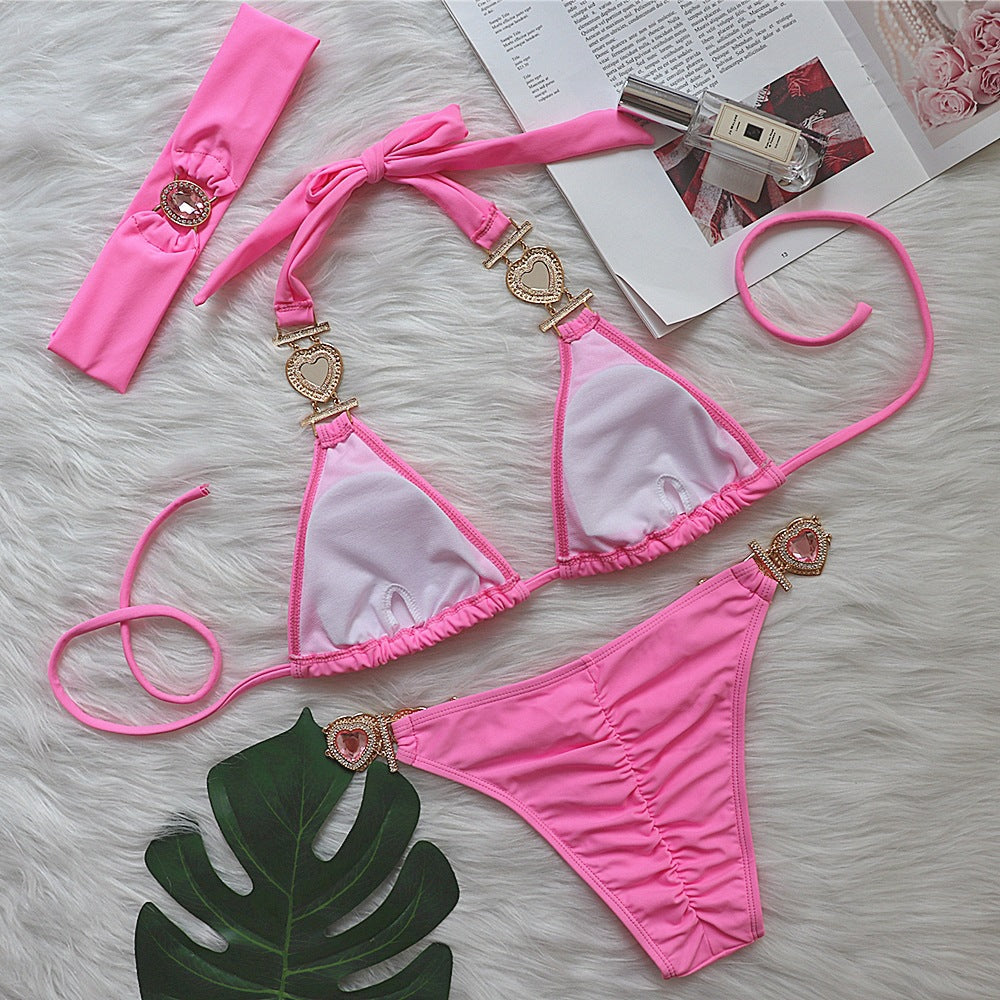 Sexy Luxus Kristall Diamant Bikini Einfarbig Damen Split Bandage Badeanzug Metall Accessoires Badeanzug