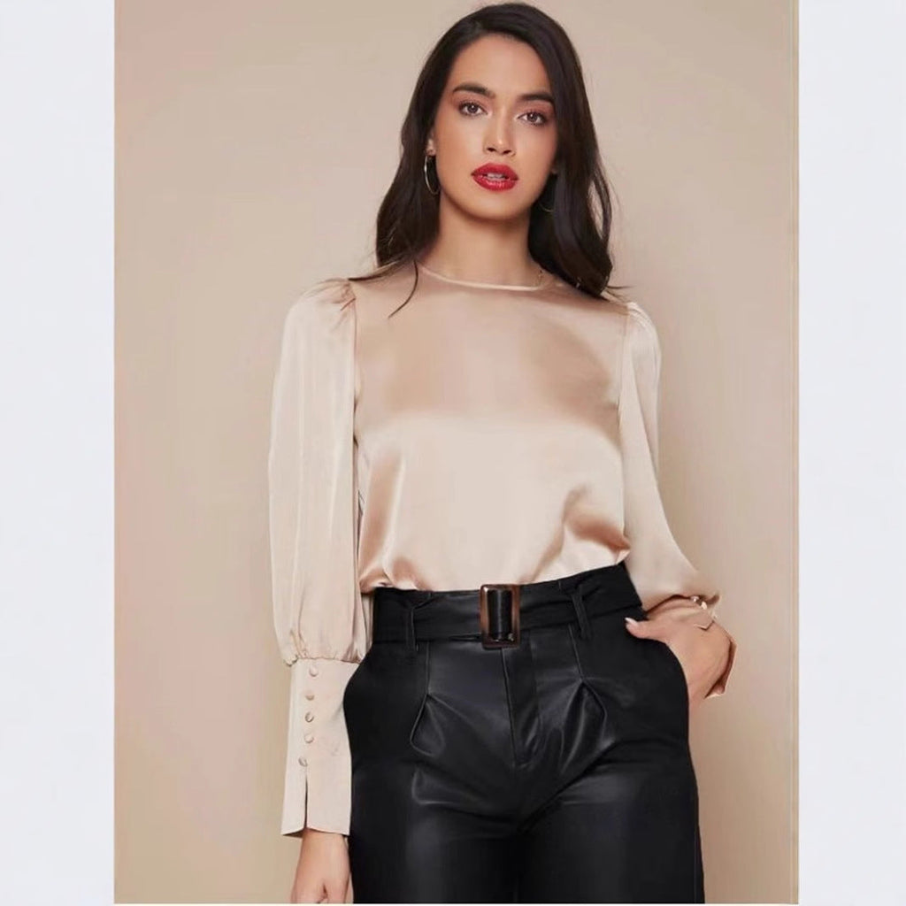 Chemise longue en satin à manches longues pour femme, haut en satin à manches lanternes pour le printemps et l'automne