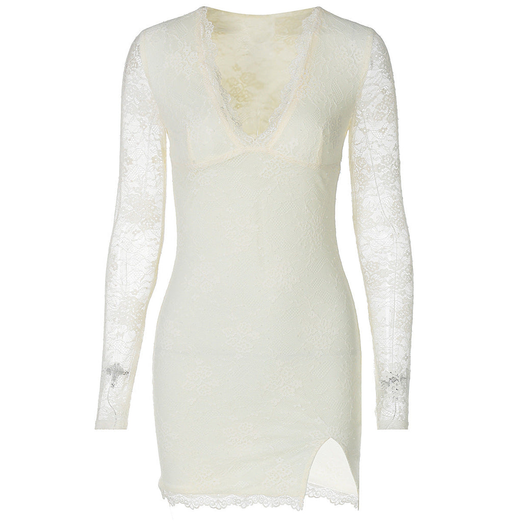 Damenbekleidung Herbst Winter Sexy Mesh-Patchwork Langarm Enges Kleid