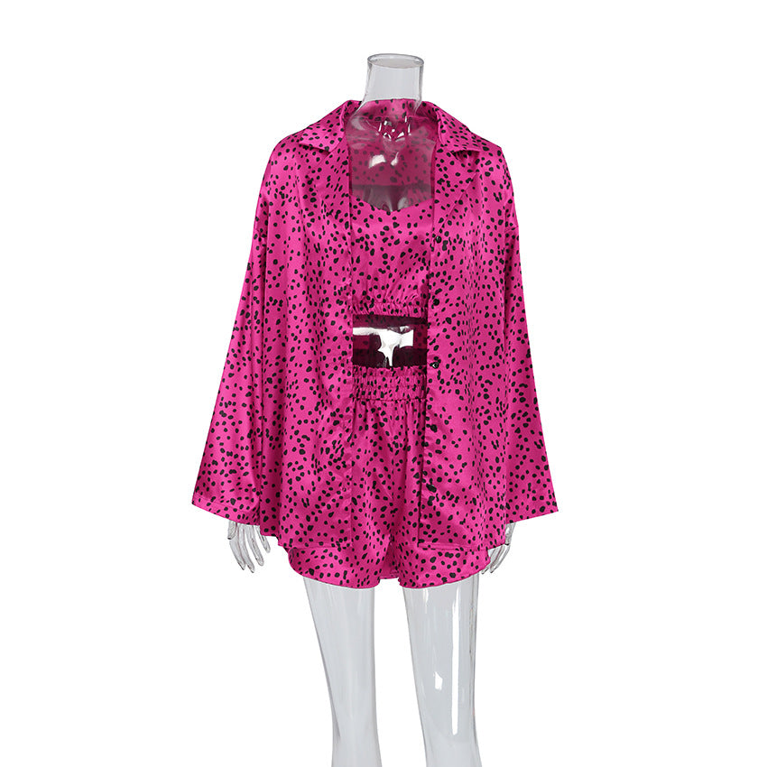 Herbst Satin Polka Dot Bedruckt Homewear Unterwäsche Shorts Oberbekleidung Morgenmantel Dreiteiliger Schlafanzug