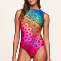 Einteiliger Positionierungsdruck Badeanzug Regenbogenfarbverlauf Mehrfarbiger Bikini Hochgeschnittener Badeanzug