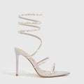 4 Farben Sommer High Heel Spitz Sandalen Damen Heels 11cm Metall Zehenhalter Strass Schnürung Damenschuhe