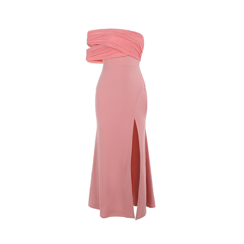 Herbst Socialite Sexy Mesh-Naht schulterfreies Kleid Damen mit Schlitz