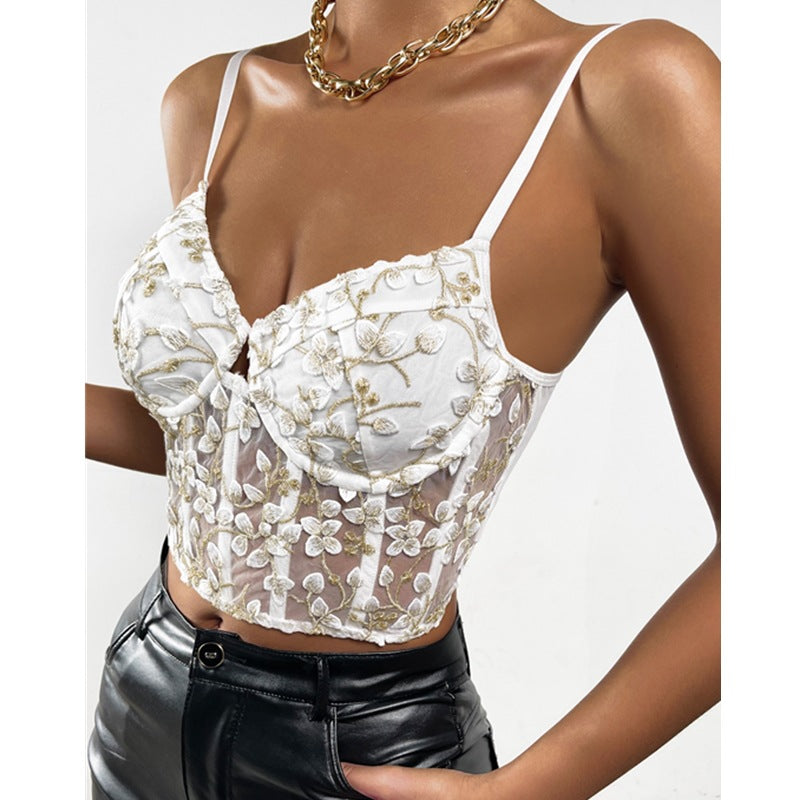 Broderie Florale Taille Sexy Maille Transparente Petit Gilet Femme Corset Désossé Corset Corset