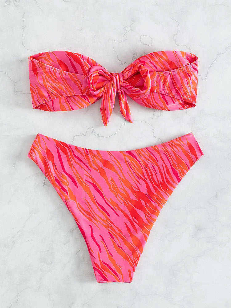 Maillot de Bain Bikini Bandeau Imprimé Sexy Dos Nu Deux Pièces Maillot de Bain Fendu