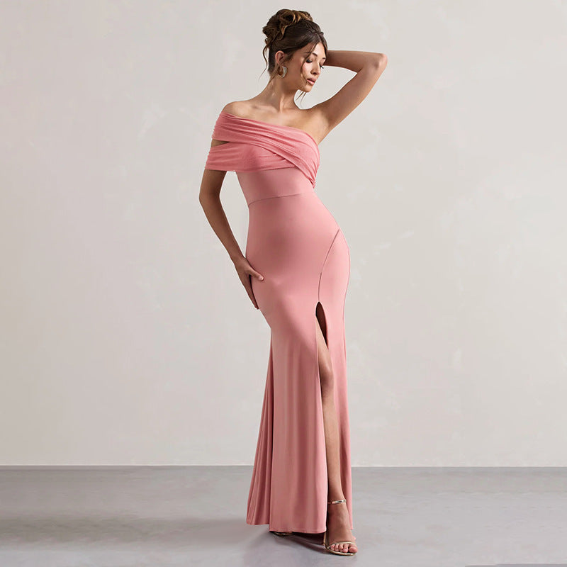 Herbst Socialite Sexy Mesh-Naht schulterfreies Kleid Damen mit Schlitz