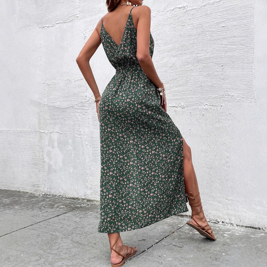 Damen Kleider Sommer Böhmisches Trägerkleid Bedrucktes Maxi-Kleid mit langem Schlitz