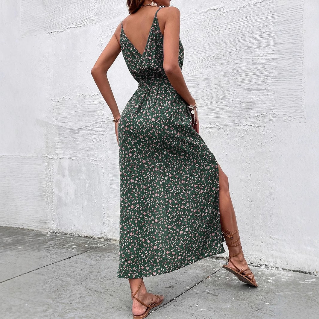 Damen Kleider Sommer Böhmisches Trägerkleid Bedrucktes Maxi-Kleid mit langem Schlitz