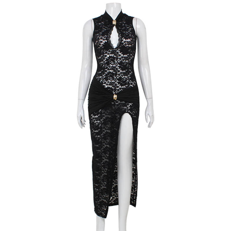 Sexy Aushöhlung Cutout Spitze Design Ärmelloses Slim Cheongsam Kleid mit hohem Schlitz für Damen
