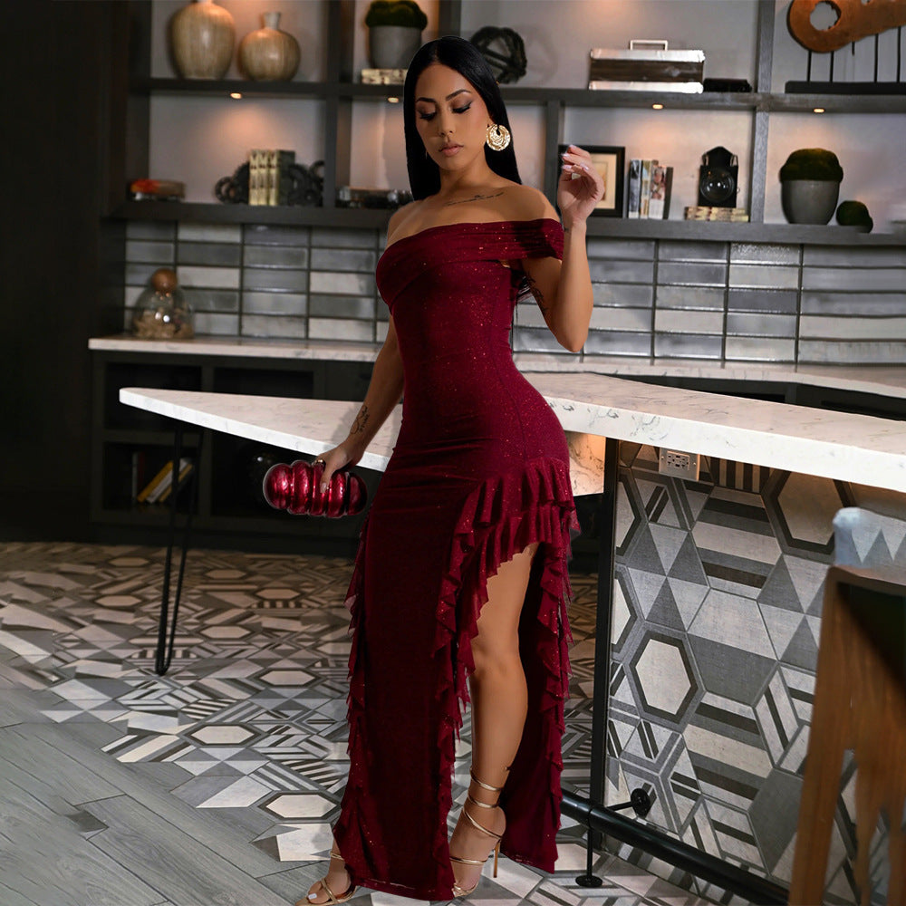 Robe Longue Femme Moulante Fendue Sexy Épaules Dénudées